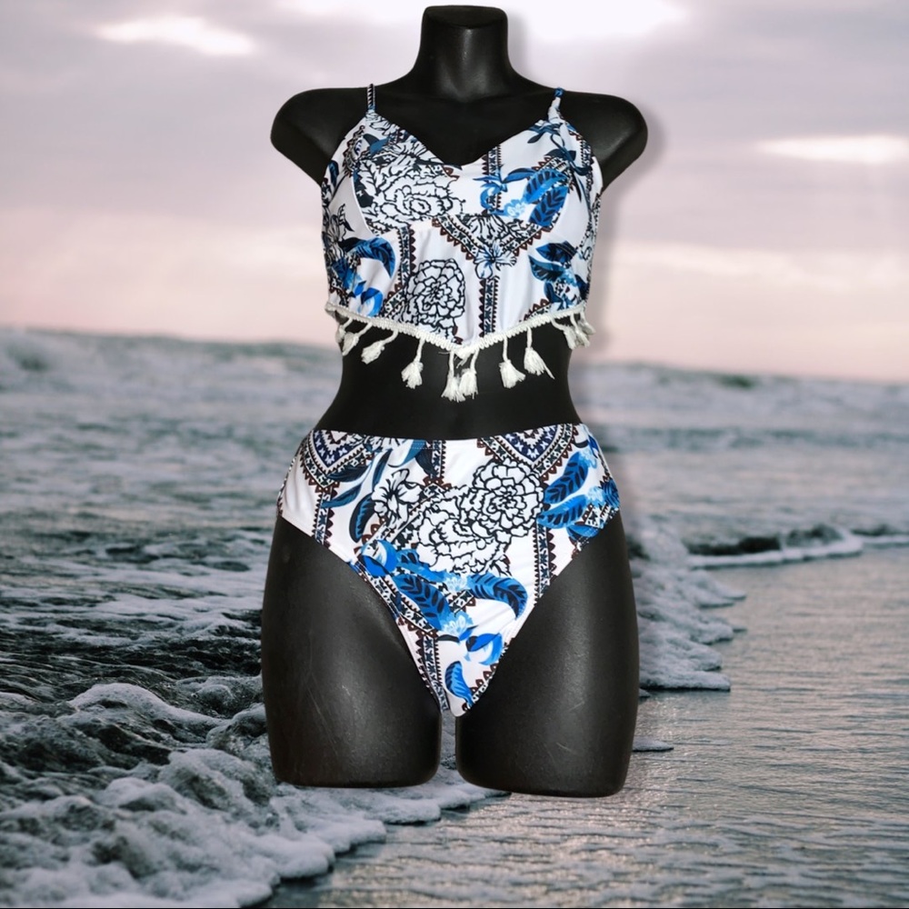 Woman's Summer Boho Style Floral & Feather Tassel Halter High Waist Bikini Set